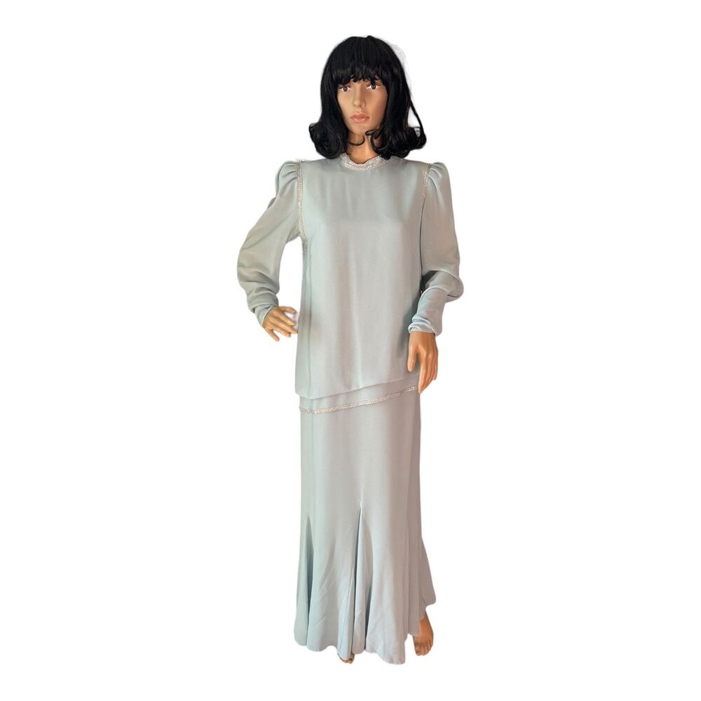 American Vintage Blue high neck drop waist embellished sheer gown size Large